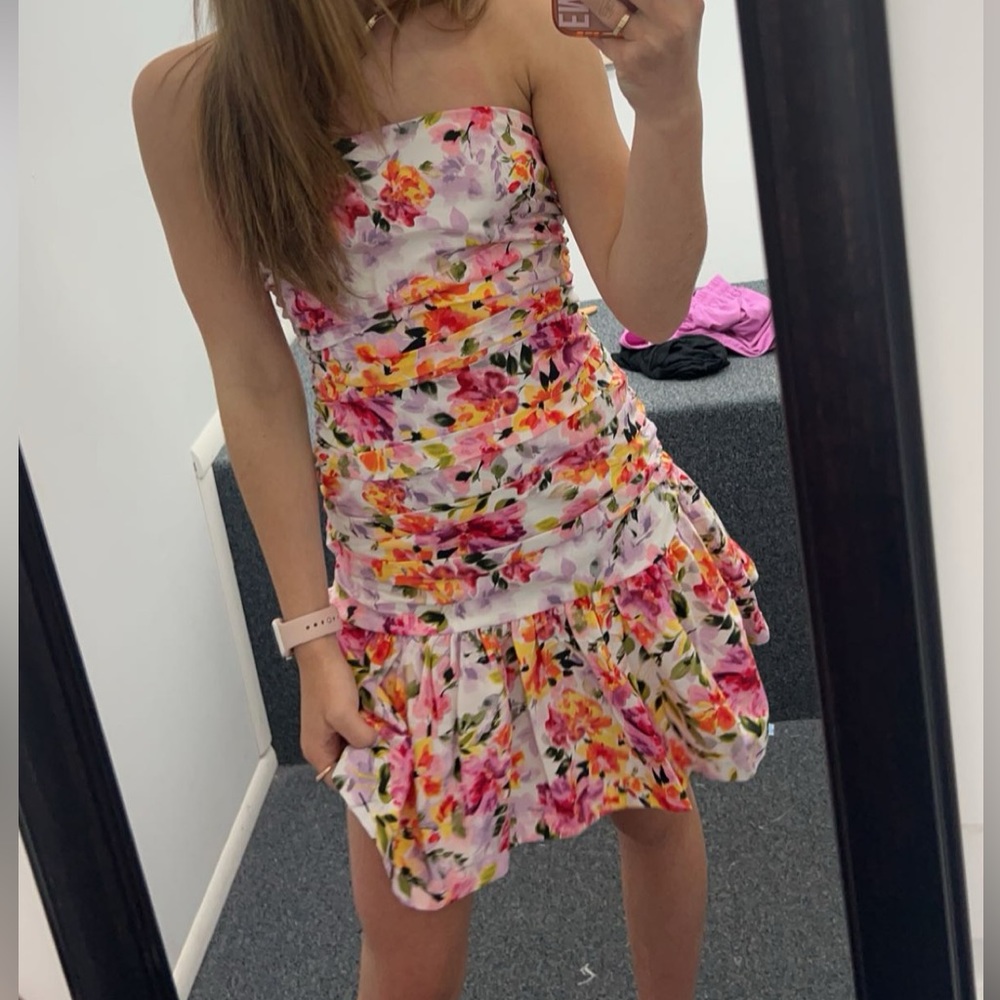 Do+Be Mini Strapless Floral Ruffle Dress